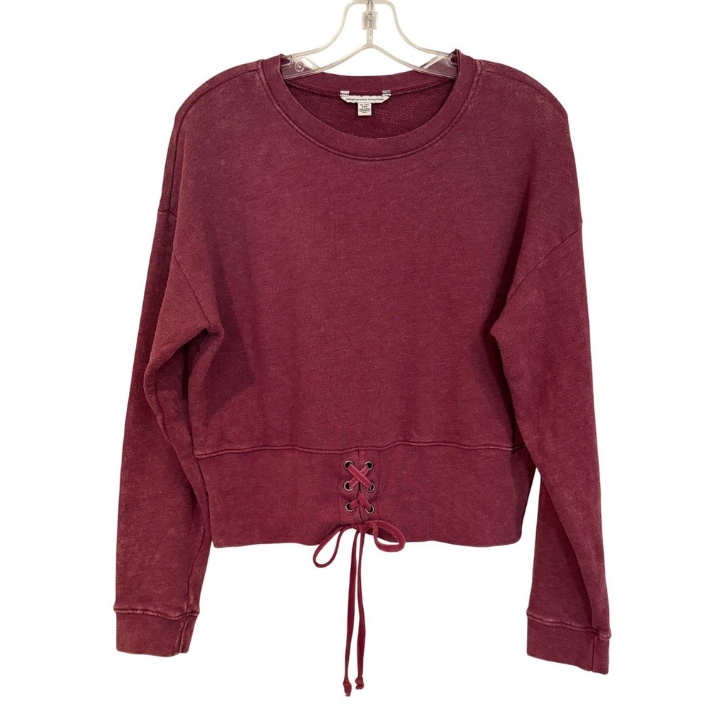 American Eagle Lace Up Cropped Sweatshirt Women's XL Burgundy Hippie Boho Y2K